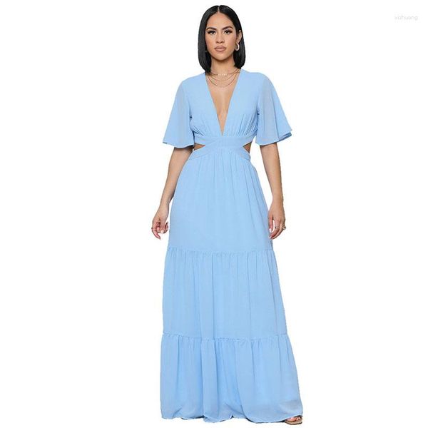 Ethnische Kleidung Afrikanische Mode Kleider für Frauen 2023 Sommer Chiffon Tiefer V Zurück Ausschnitt Taille Roben Weibliche Casual Boho Stil Maxi Kleid