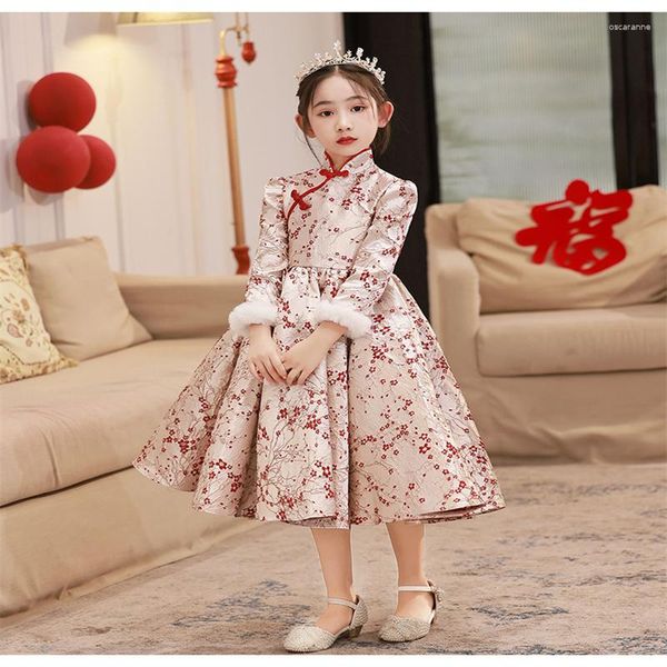 Ethnische Kleidung Winter chinesischen Stil Mädchen dicken Blumendruck Prinzessin Brautkleider Langarm Abend Party Ballkleid