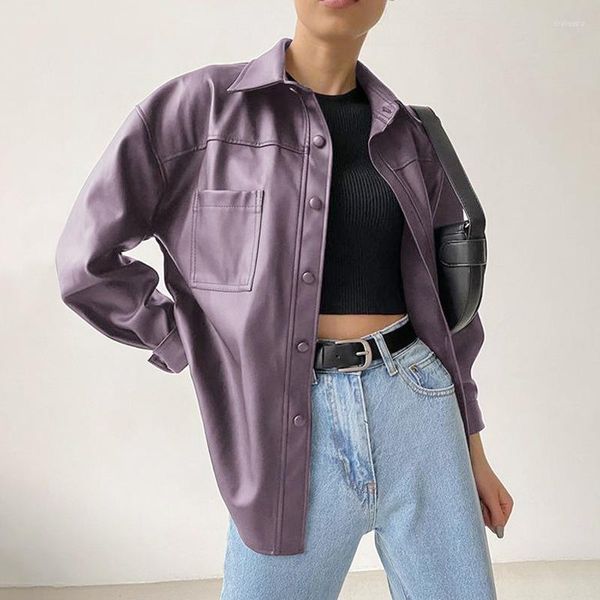 Couro feminino oversized camisa falsa casacos 2023 outono inverno preto roxo jaqueta básica casaco gola virada para baixo jaquetas femininas