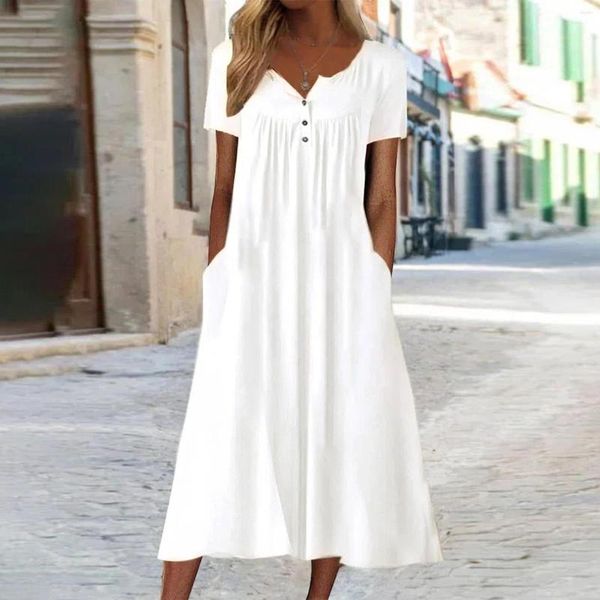 Vestidos casuais cor sólida boho branco para mulheres vestido de verão praia verão decote em v manga curta férias maxi vestido elegante senhoras midi