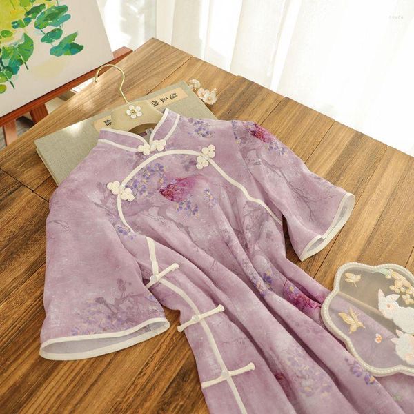 Roupas étnicas Vestido Chinês Qipao Vintage Estampado Roxo 2023 Mangas Invertidas Estilo Jovem Elegante de Alta Qualidade