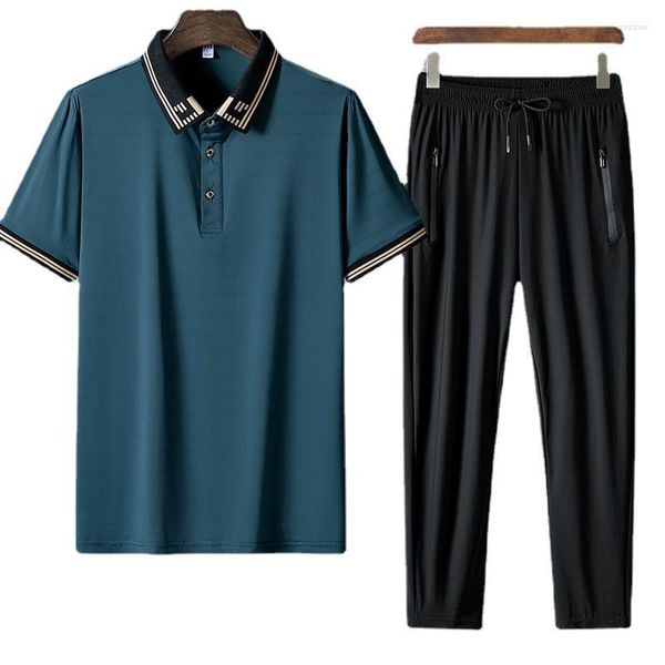 Herren-Trainingsanzüge, Trainingsanzug, Herren-Sets, lässiges Set, 2-teiliger Anzug, Sportbekleidung, Polo-Top, Hose, Eisseide, Sommersport, Jogger, Übergröße