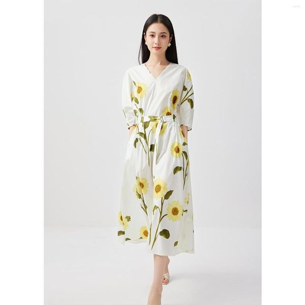 Lässige Kleider SHUCHAN Sonnenblumendruck Sommerkleid Damen Baumwolle A-Linie locker knöchellang Laternenärmel lang für