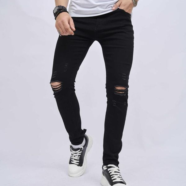 Jeans Masculino Calça Jeans Preto Puro High Street Moda Masculino Rasgado Jens Magro Pés Pequenos Elástico Masculino Comprimento Total Calças Streetwear