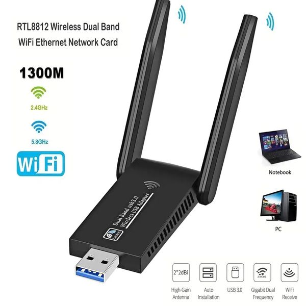 1300 Мбит/с двойной антенны беспроводной USB -адаптер Wi -Fi для настольного ПК и ноутбука - 5G/2,4G WiFi Адаптер для Windows 11/10/8/8.1/7/Vista/XP - повысить скорость и диапазон интернета и диапазон