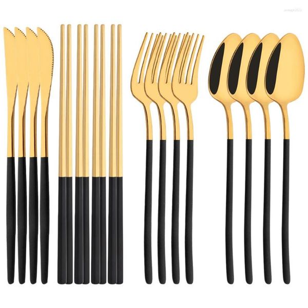 Geschirr-Sets, Schwarzgold, 12–16-teilig, Essstäbchen, Messer, Gabel, Löffel, Besteck-Set, 18/10 Edelstahl, Besteck, koreanisches Geschirr