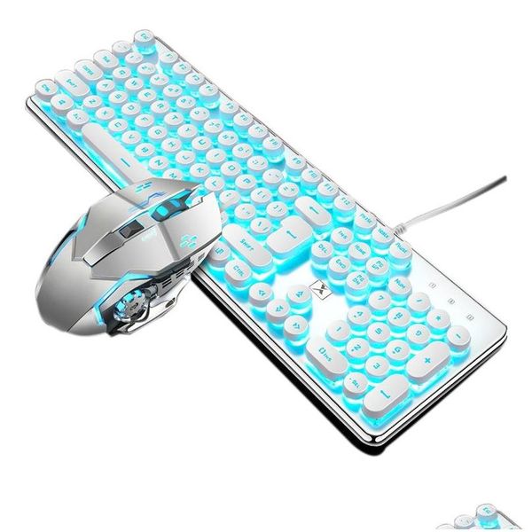 Teclados Combinação de teclado e mouse para jogos mecânicos Retro Steampunk Vintage 104 teclas Usb com fio Painel de metal redondo Teclas 11 Drop Deli Dhwbm