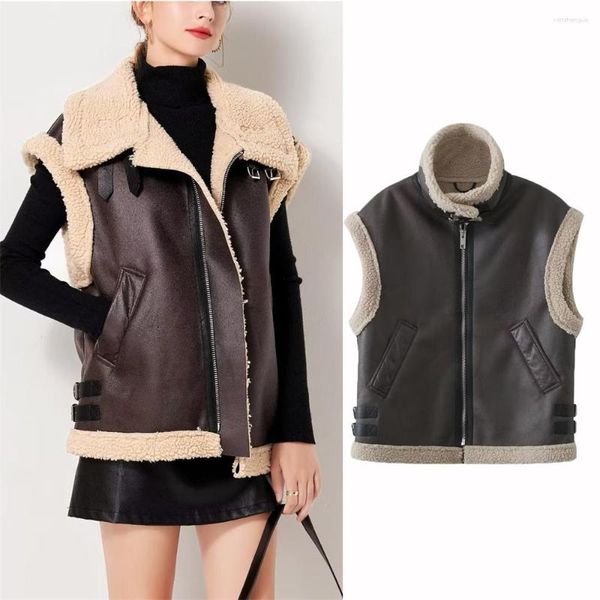 Damenwesten Herbst Winter Faux Schaffell Pelz Weste Mantel für Frauen Leder warme Weste verdicken Revers Jacke Street Outwear