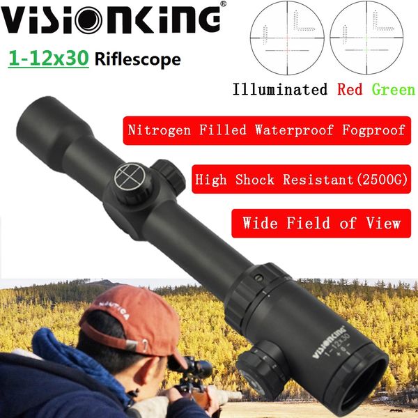 Visionking 1-12x30 Elevata resistenza agli urti Zoom Mirino Mil-Dot Impermeabile Caccia Illuminato ampio campo visivo Ottica Vista