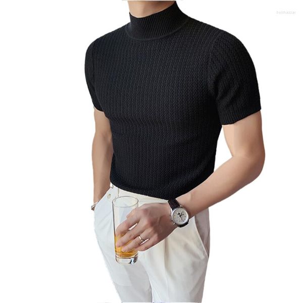 Erkek Sweaters 4 Mevsim Kısa Kollu Örme Süveter Erkekler Giyim Yarım Yüksek Boyun İnce Fit T-Shirt Sıradan Streç Homme Kazak 4xl-M