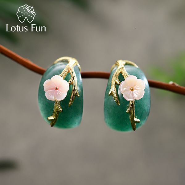 Stud Lotus Fun Real 925 Sterling Silver Natural Aventurine Original Handmade Fine Jewelry Plum Flower Boucles d'oreilles pour les femmes 230804