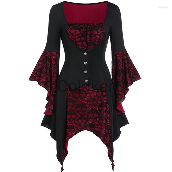 Vestidos casuais Halloween Cosplay Gótico Vintage Devil Dress Gola quadrada Caveira Impressa Renda Flare Manga Irregular Traje feminino