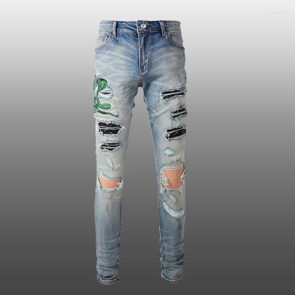 Jeans da uomo AM Fashion Brand Snake Embroidery Patchwork Jean Pantaloni da moto Streetwear Strappato Homme Cerniera per uomo