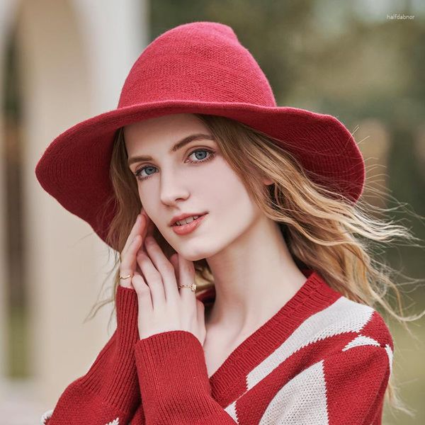 Boinas vermelho chapéu de malha de halloween para mulheres meninas bruxa outono e inverno engrossar gorro de lã quente dobrável feminino magia natal