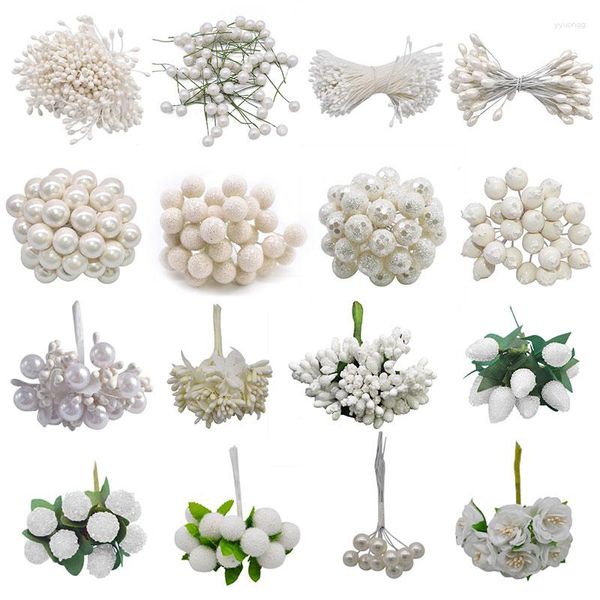 Flores decorativas branca flor híbrida cereja estame bagas feito à mão artificial diy guirlanda para decoração de bolo/artesanato/presente de náilon