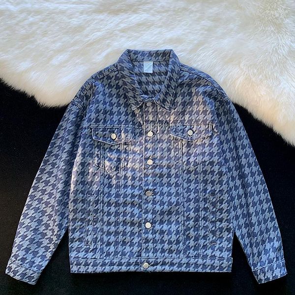 Мужские куртки в американском стиле Houndstooth карманы джинсовая куртка пара распутываемое верхнее пальто