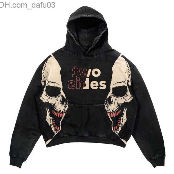 Erkek Hoodies Sweatshirts American Retro Retro High Street Harajuku İskelet Gül Baskı Kadınlar İçin Kazak Y2K Gevşek Kişilik Külotlu Köpek Aşık Sevenler Z230804