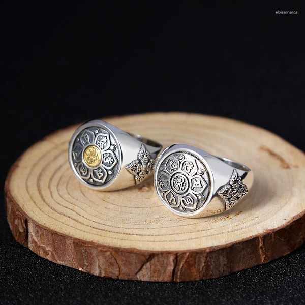 Кластерные кольца 925 Стерлинговая серебряная личность личности человека Тайское ретро-ринг шесть-символ мантра по поводу мира