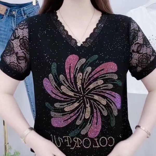 Camisetas Femininas Vetement Femme 2023 T-shirt Feminina Strass Summer Print Tops Plus Size XXXL Diamond Tshirts Woman Tees Poleras Mujer