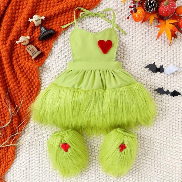 Conjuntos de roupas para bebê menina 2 peças pele falsa tule trajes de natal sem mangas vestido frente única conjunto monstro verde fantasia de Halloween