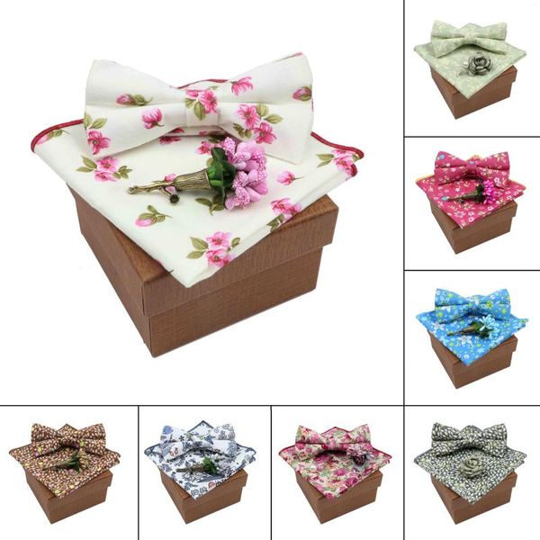 Conjunto de broche de lenço de lenço floral colorido floral de algodão masculino flor borboleta festa de casamento azul rosa gravata borboleta presente novidade