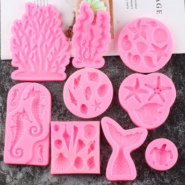 Moldes de cozimento Peixe Algas Coral Chocolate Silicone Molde Seahorse Shell Starfish Sereia Cauda Doces Resina Molde Fondant Ferramentas de Decoração 230803