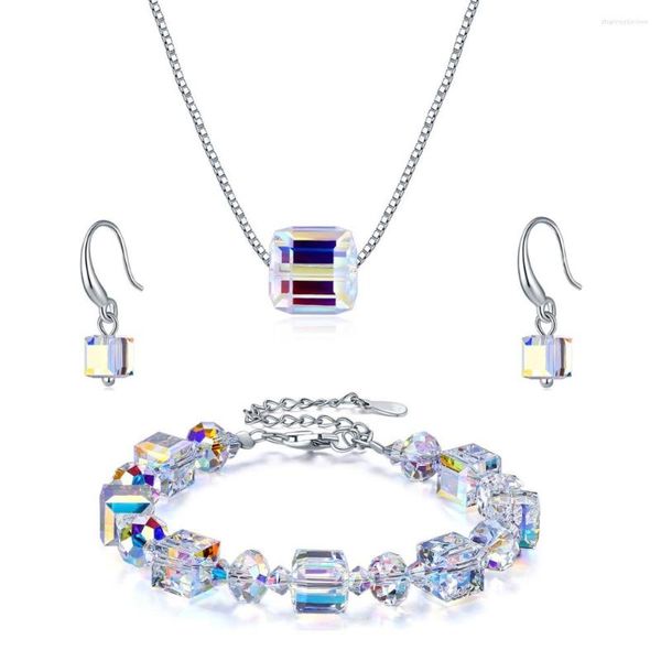 Collana Orecchini Set Di Perline Colorate Di Lusso Cristalli Dall'Austria Bracciale Ciondolo Cubo Color Argento Per Le Donne