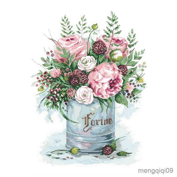 Chinese Style Products Kreuzstich-Set mit rosa Rose, Blumenmuster-Design, unbedruckte Leinwand, Stickerei, DIY-Handarbeit, R230804