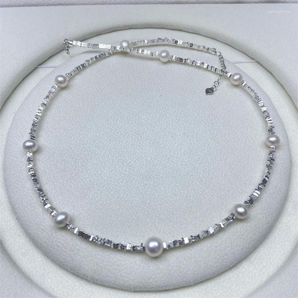 Zincirler Lefei Fashion Fragmented Gümüş 925 Güçlü Parlaklık 5.5-6.5mm Tatlısu İnci Babysbreath Kolye Kadınlar için Düğün Cazibesi Takı