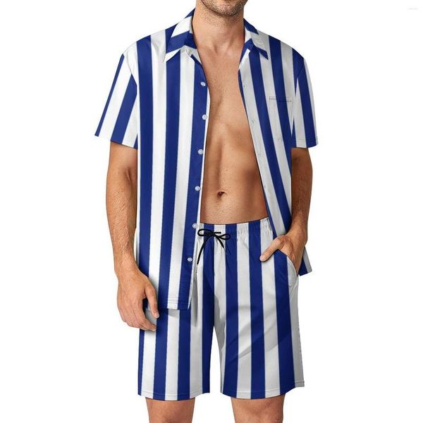 Мужские спортивные костюмы морской дизайн мужской набор наборов вертикальных темно-синих полос ретро повседневные рубашки набор шорт с коротким рукавом летняя пляжная одежда плюс