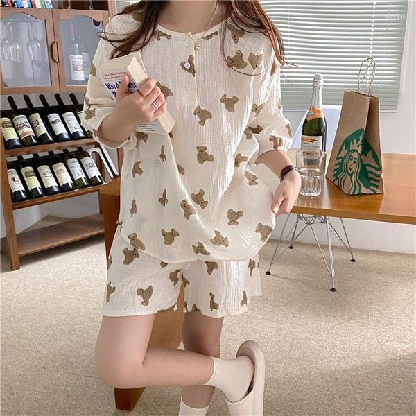 Pijamas femininos com estampa de urso dos desenhos animados Conjunto de pijama de verão de algodão coreano de duas peças para o lar Kawaii Buttons Ins Casual Homewear