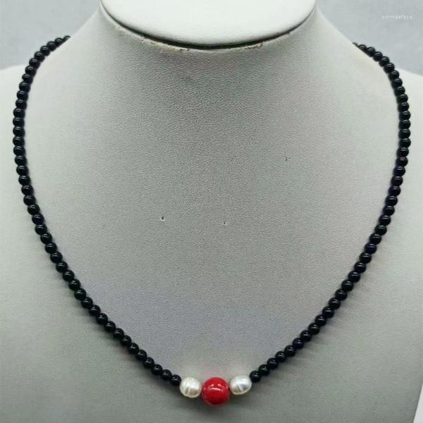 Ketten Fein 4mm Schwarzer Onyx 7-8mm Weiße Reisperle 10mm Rote Koralle Runde Perlen Halskette 18