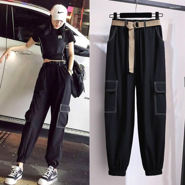 Calças Femininas Preta Cargo Solta Perna Larga Joggers Esportivos Cintura Alta Streetwear Harajuku Legging Coreana Tamanho Grande 4xl 5xl