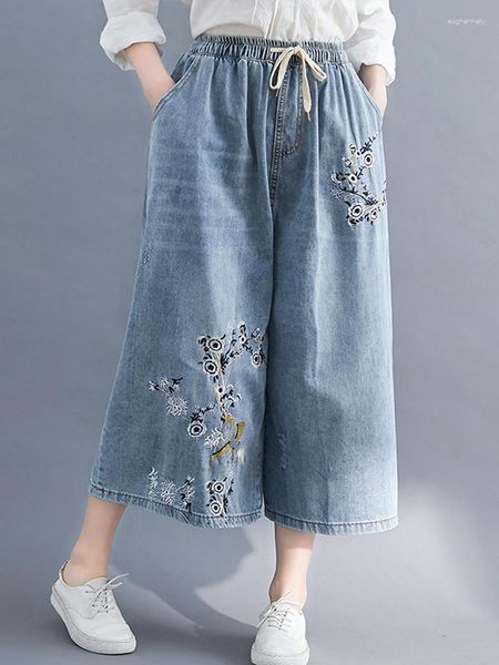 Jeans feminino oversized gordo irmã estilo étnico bordado perna larga calças finas moda cintura alta 2023 primavera