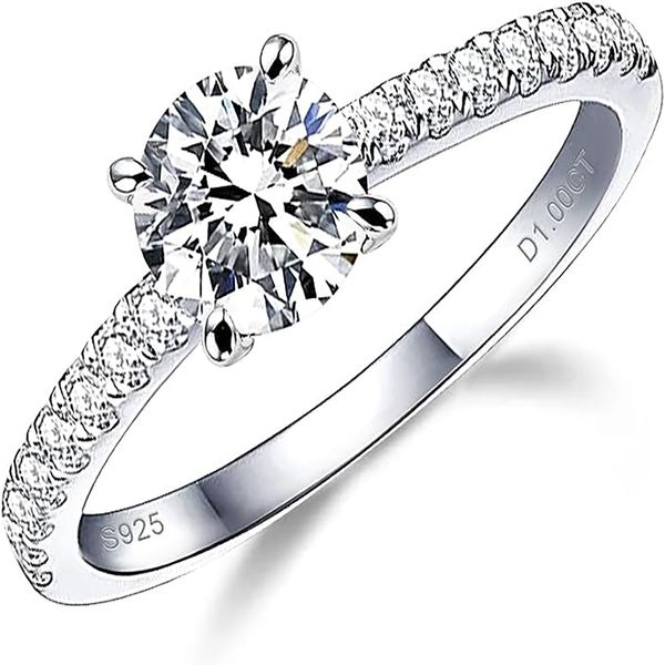Anéis de noivado de moissanita 1/1,5/2 ct para mulheres, corte redondo cor D VVS1 Diamante criado em laboratório de clareza e prata esterlina 925 com anel de compromisso em ouro branco 18 quilates Vermeil