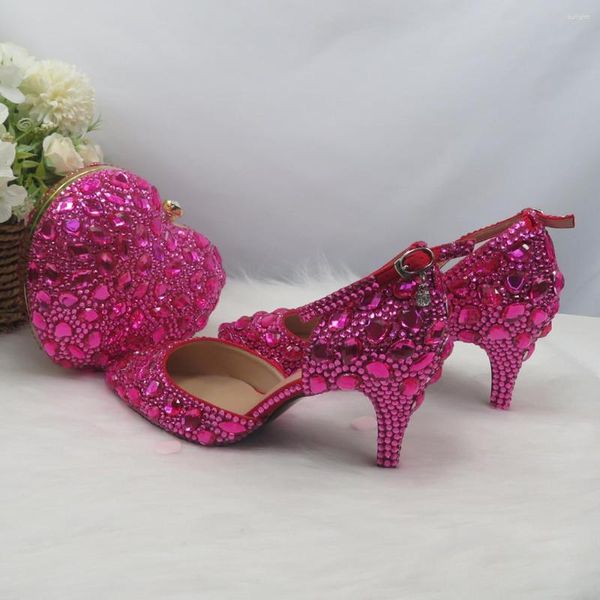 Chaussures habillées 2023 arrivée été Fuschia rose mariée mariage et sac à main dames grande taille bride à la cheville sac de fête ensemble bout pointu