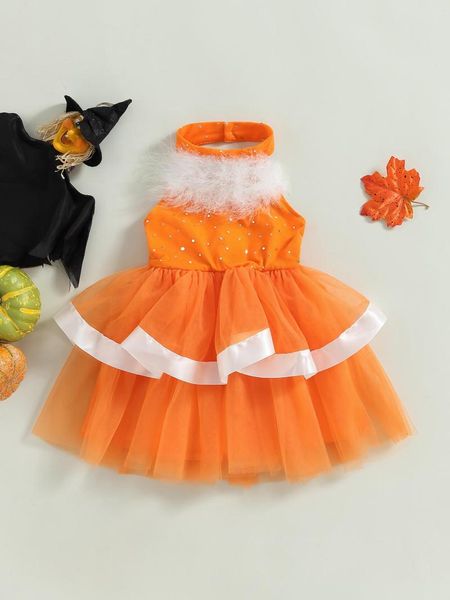 Vestidos para meninas fofos para crianças Halloween sem mangas com babados nas costas vestido de tule com laço na cintura