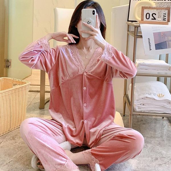 Roupa de dormir feminina conjunto de pijama de veludo outono inverno roupa de dormir sexy rosa com decote em V com acabamento em renda ternos soltos de veludo para uso doméstico