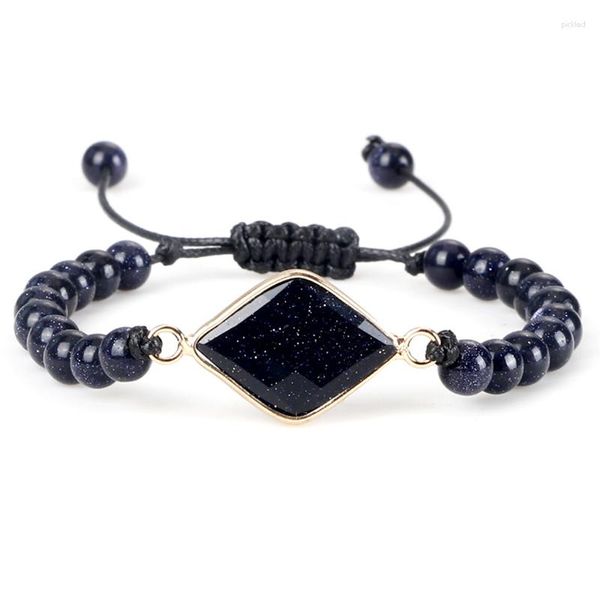 Pulseiras com pingente de cordão 6 mm pedra natural arenito azul frisado pulseira trançada ajustável para mulheres homens ioga joias feitas à mão