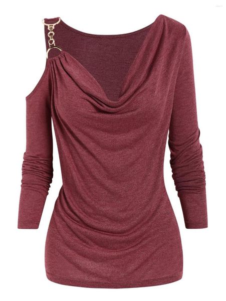 T-shirt da donna Deep Red Fashion Donna Top a manica lunga per la primavera Autunno Inverno Collo ad anello Heather Cut Out Drappeggiato Casual Tee