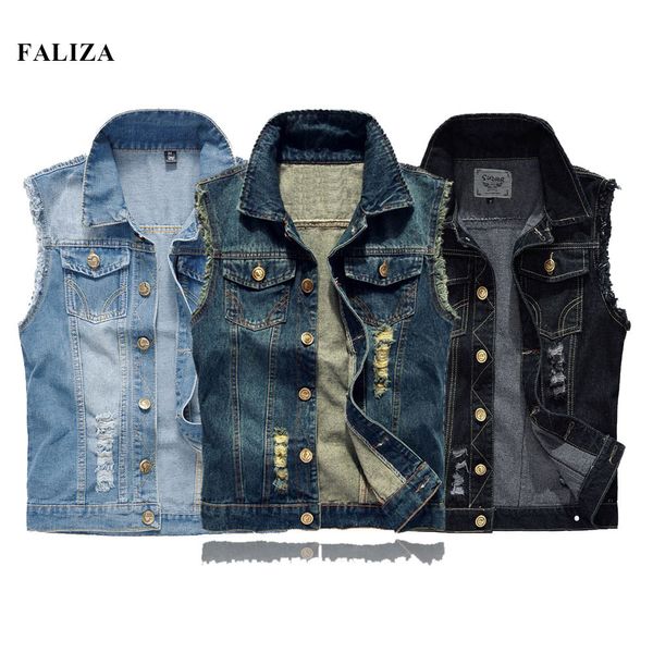 Coletes Masculinos FALIZA Coletes Denim Masculinos Rasgados Sem Mangas Jeans Jaqueta Coletes Masculinos Algodão Gilet Regata West Cowboy Hip Hop Streetwear MDJ07 230803