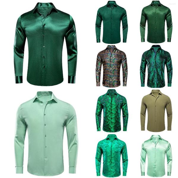 Camisas casuais masculinas hi-tie de seda masculina menta grama azul-petróleo lapela manga longa camisa social jacquard blusa para baile de formatura de casamento masculino