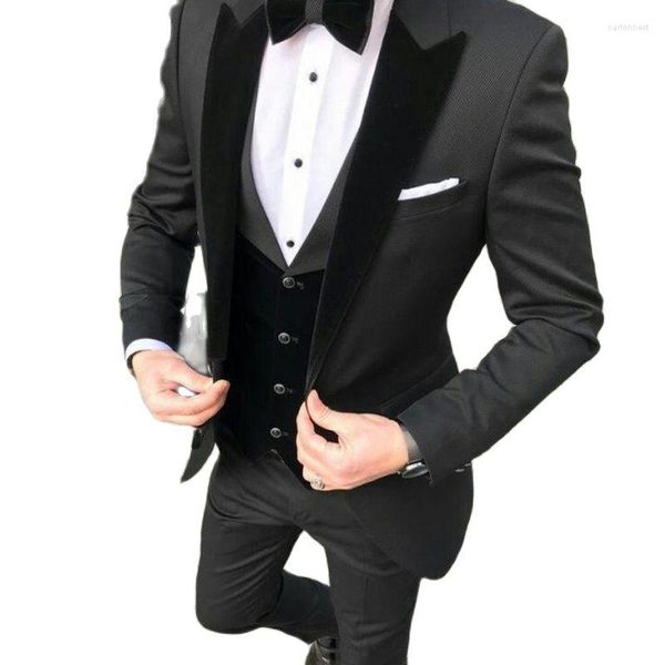 Ternos masculinos slim fit masculino para baile de formatura com lapela de veludo preto smoking para noivo 3 peças conjunto formal masculino jaqueta calça colete mais recente