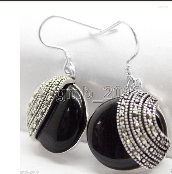 Orecchini doganici gioielli fatti a mano 925 argento sterling 18 mm Nature Nero perle di pietra naturale marcasite