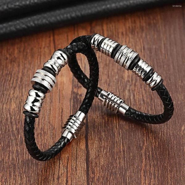 Braccialetti con ciondoli XQNI Trendy 6mm Wide Uomo Bracciale in pelle nera Acciaio inossidabile 316L Motivo geometrico Chiusura magnetica Gioielli maschili