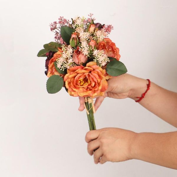 Flores decorativas rosa chá buquê artificial hortênsia vintage noiva segurando para flor falsa decoração de casa faça você mesmo casamento ao ar livre