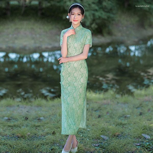 Vestuário étnico verão longo renda composta cheongsam comprimento médio fresco elegante banquete estilo chinês qipao vestido de festa de casamento à noite para