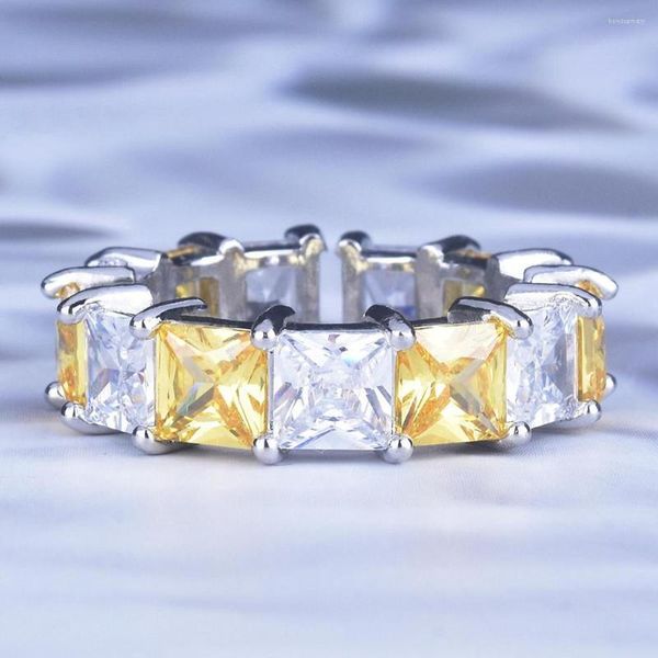 Cluster Rings Bling Full Square Yellow Crystal Citrine Gemstones Diamonds Open For Women 14k White Gold Silver Color Jewelry Trendy Band