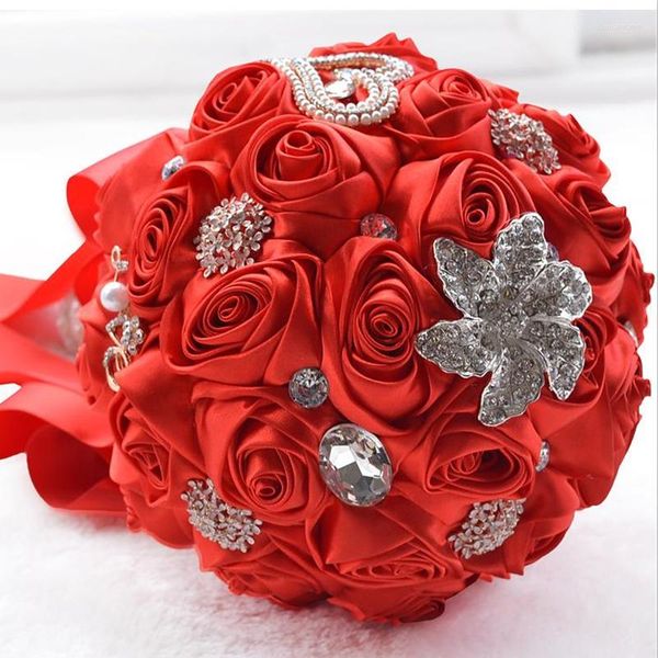 Dekorasyon için kırmızı düğün kristal gelin buketleri satan dekoratif çiçekler