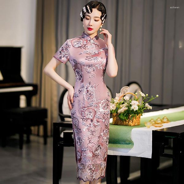 Ethnische Kleidung Sommer Mode Perlen Lange Verbesserte Cheongsam Taille Abnehmen Chinesischen Stil Stehkragen Bankett Hochzeit Abendkleid Für